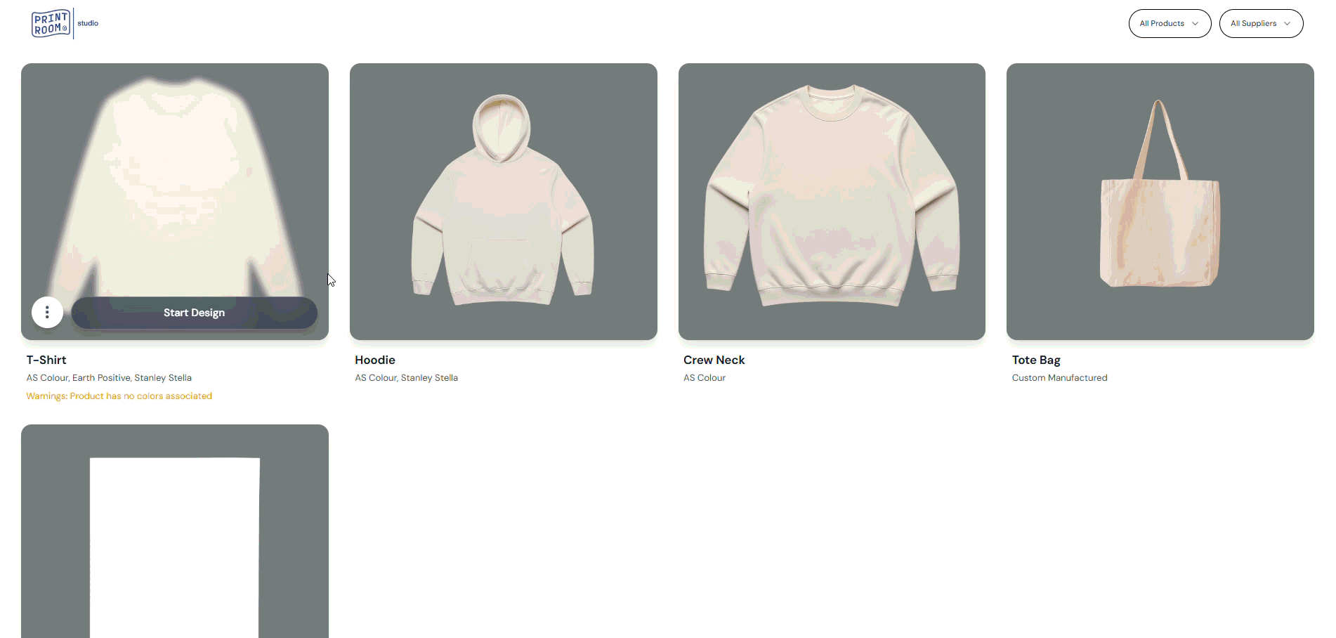 Print Room Portal garment selection and design-start flow.